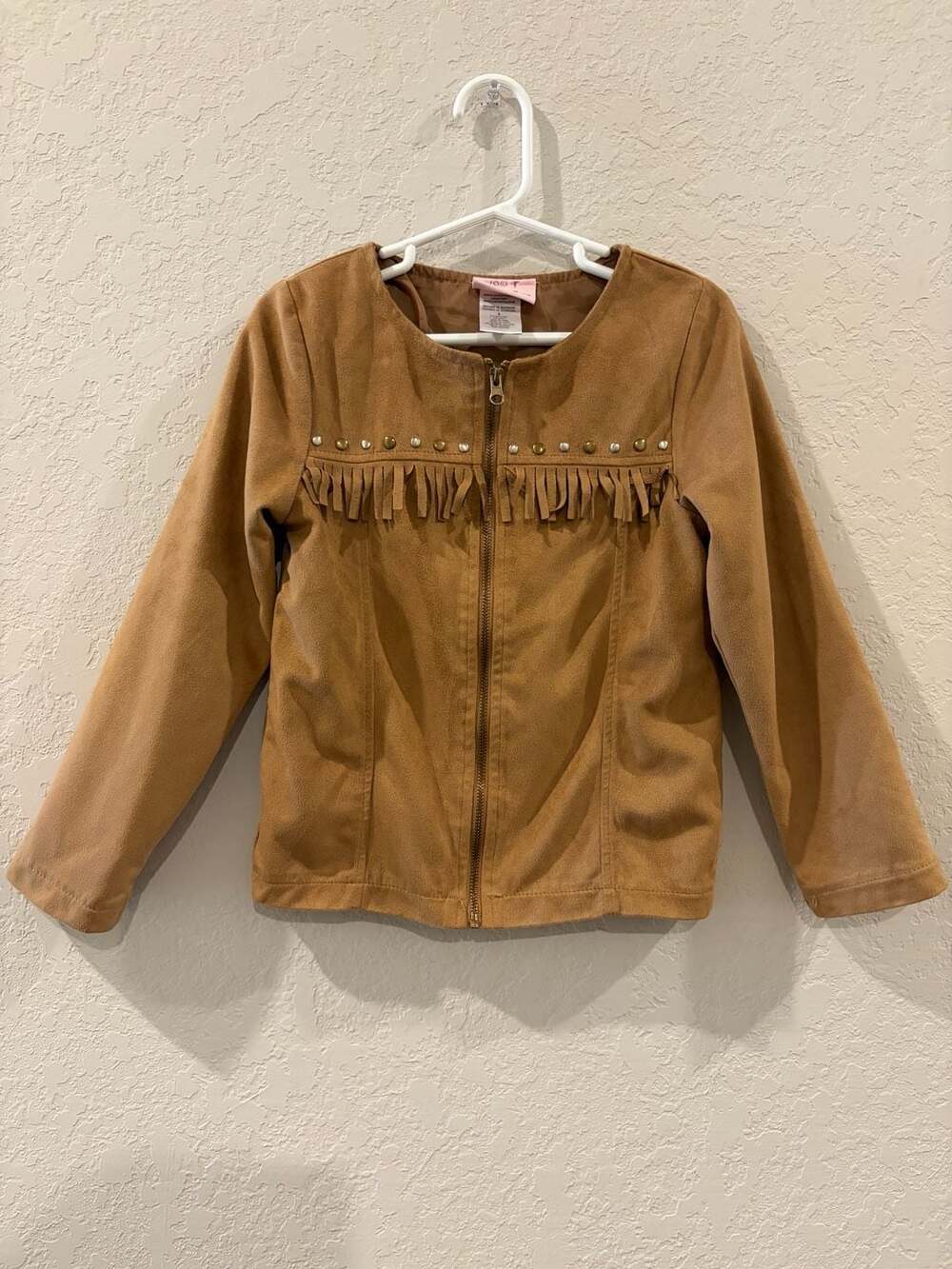 Little Lass Girls Brown Faux Suede Studded Fringe Zip-Up Jacket